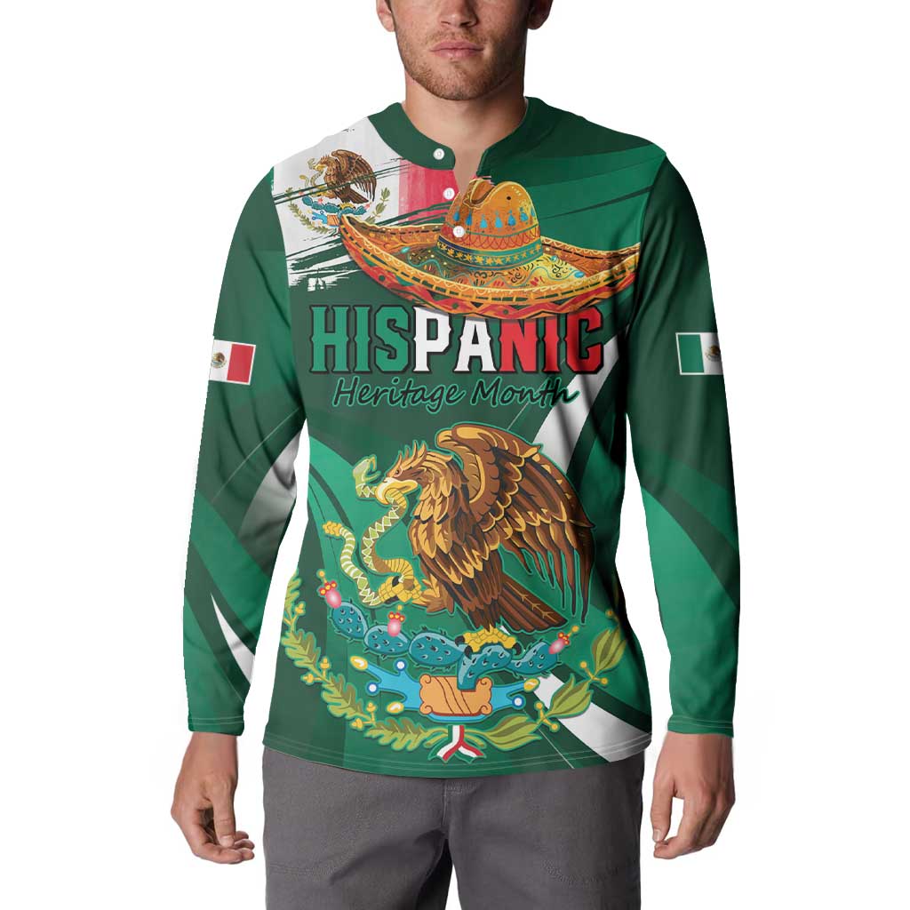 Green button-front sweatshirt, eagle and “HISPANIC Heritage Month” graphic