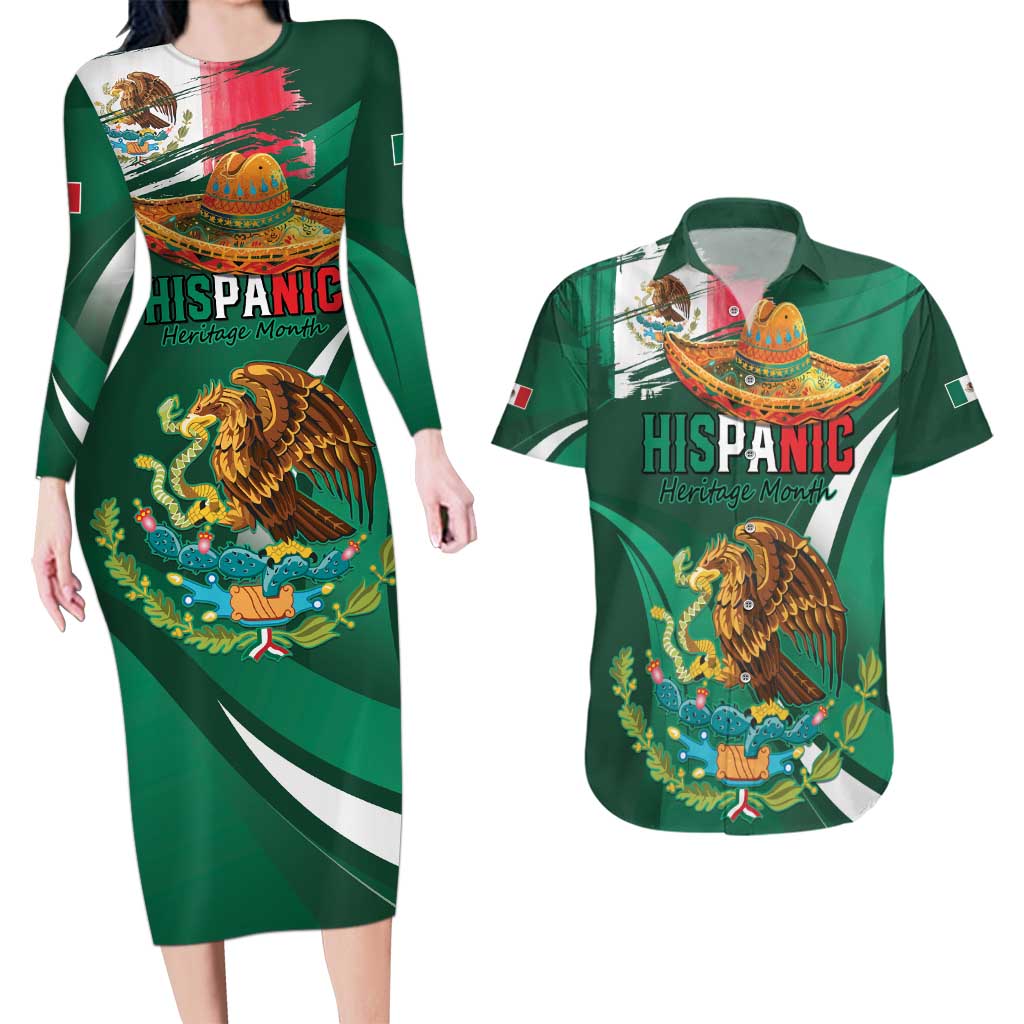 Mexico Hispanic Heritage Personalized Couples Matching Long Sleeve Bodycon Dress and Hawaiian Shirt With Aguila Mexicana