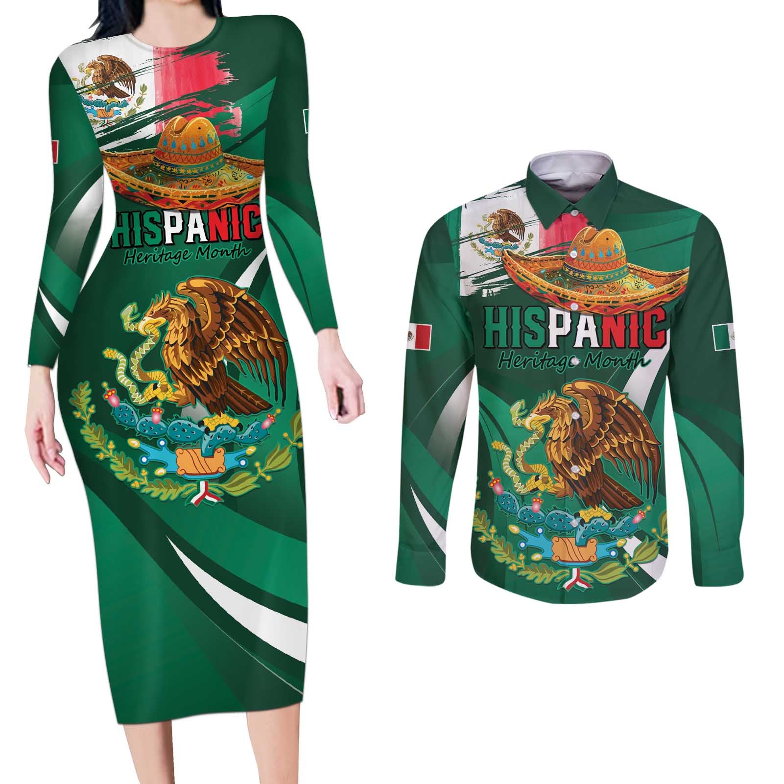 Mexico Hispanic Heritage Personalized Couples Matching Long Sleeve Bodycon Dress and Long Sleeve Button Shirt With Aguila Mexicana