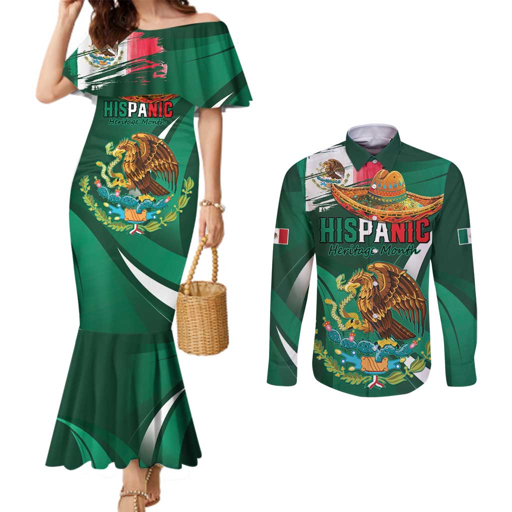 Mexico Hispanic Heritage Personalized Couples Matching Mermaid Dress and Long Sleeve Button Shirt With Aguila Mexicana