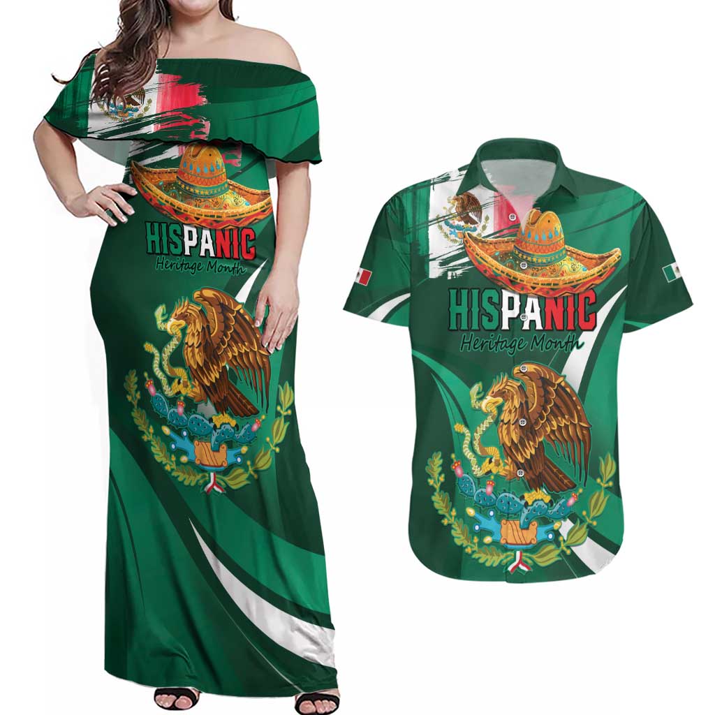 Mexico Hispanic Heritage Personalized Couples Matching Off Shoulder Maxi Dress and Hawaiian Shirt With Aguila Mexicana