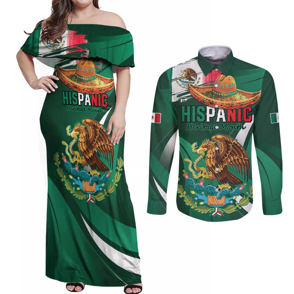 Mexico Hispanic Heritage Personalized Couples Matching Off Shoulder Maxi Dress and Long Sleeve Button Shirt With Aguila Mexicana