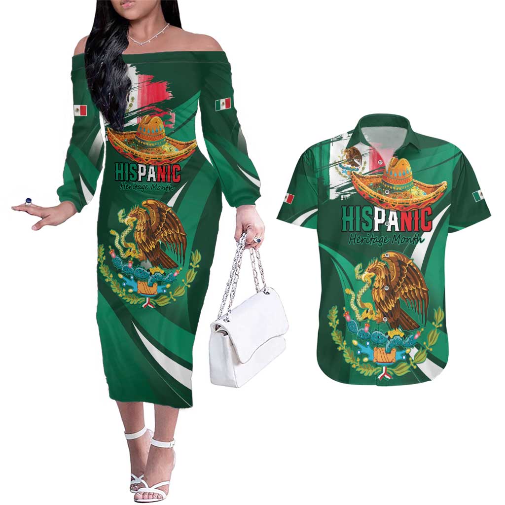 Mexico Hispanic Heritage Personalized Couples Matching Off The Shoulder Long Sleeve Dress and Hawaiian Shirt With Aguila Mexicana