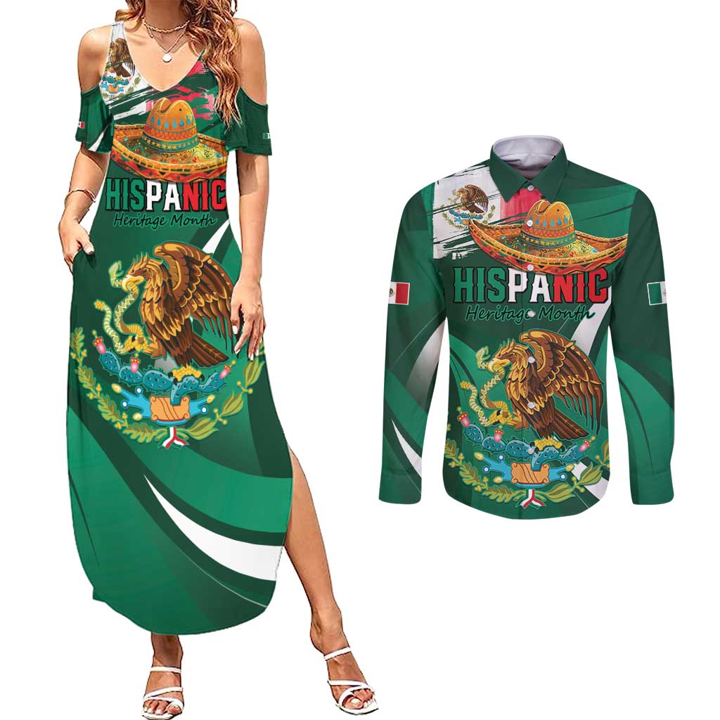 Mexico Hispanic Heritage Personalized Couples Matching Summer Maxi Dress and Long Sleeve Button Shirt With Aguila Mexicana