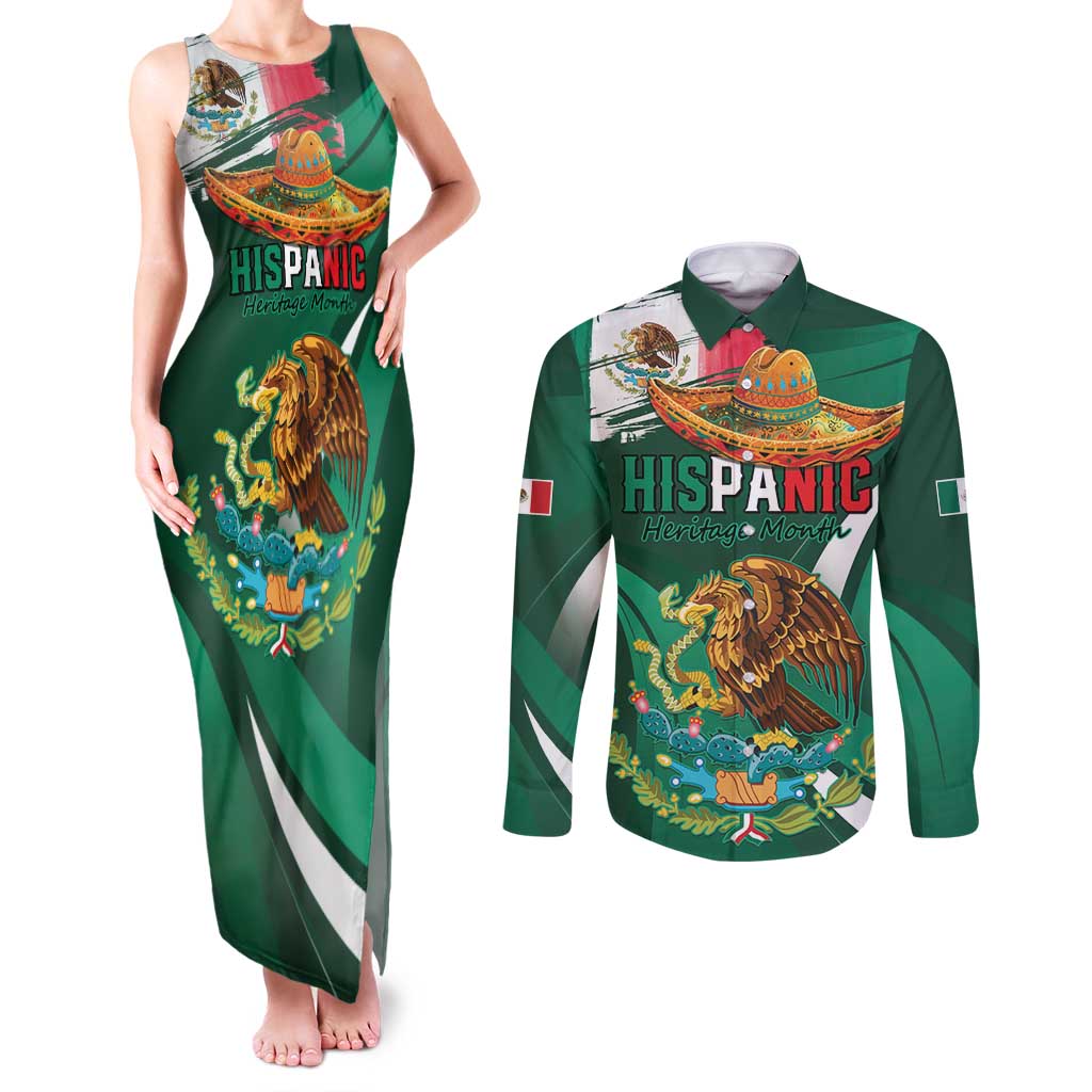 Mexico Hispanic Heritage Personalized Couples Matching Tank Maxi Dress and Long Sleeve Button Shirt With Aguila Mexicana