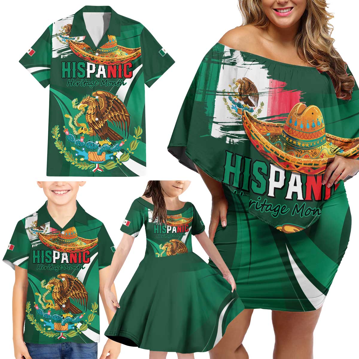 Mexico Hispanic Heritage Personalized Family Matching Off Shoulder Short Dress and Hawaiian Shirt With Aguila Mexicana