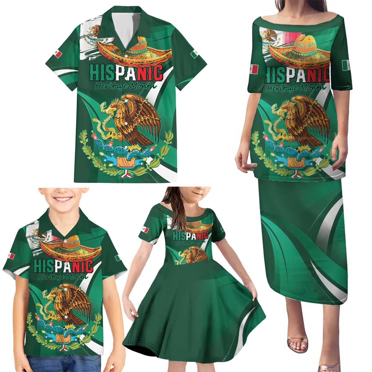 Mexico Hispanic Heritage Personalized Family Matching Puletasi and Hawaiian Shirt With Aguila Mexicana