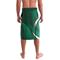 Green sarong skirt with white diagonal stripe, back view, elastic waistband