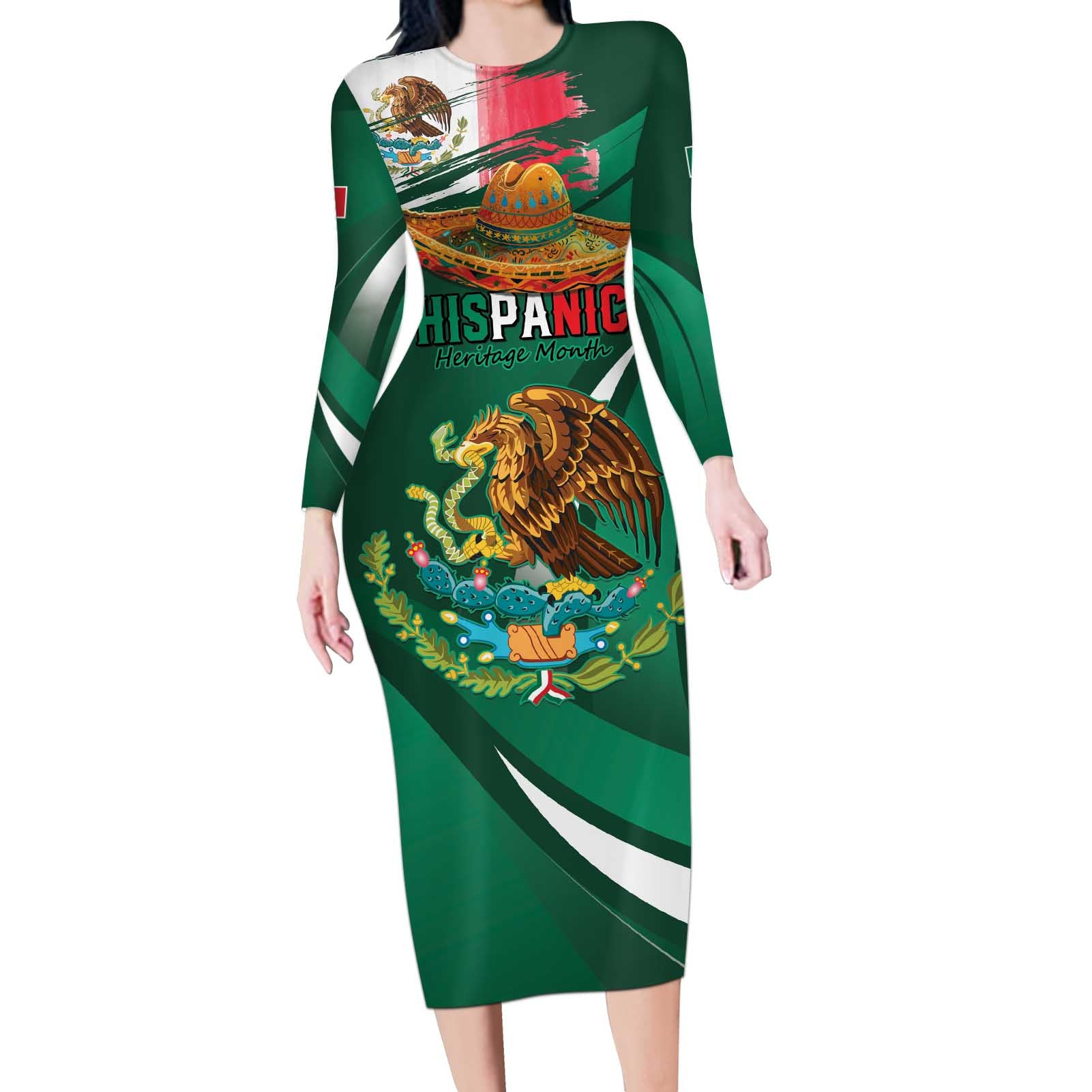 Mexico Hispanic Heritage Personalized Long Sleeve Bodycon Dress With Aguila Mexicana