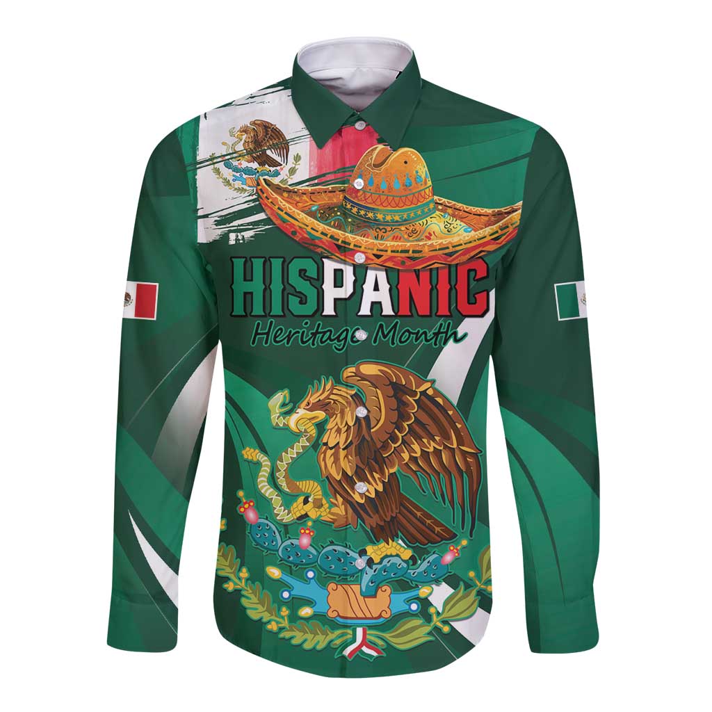 Green long-sleeve button shirt with front aguila graphic and 'HISPANIC Heritage Month' text