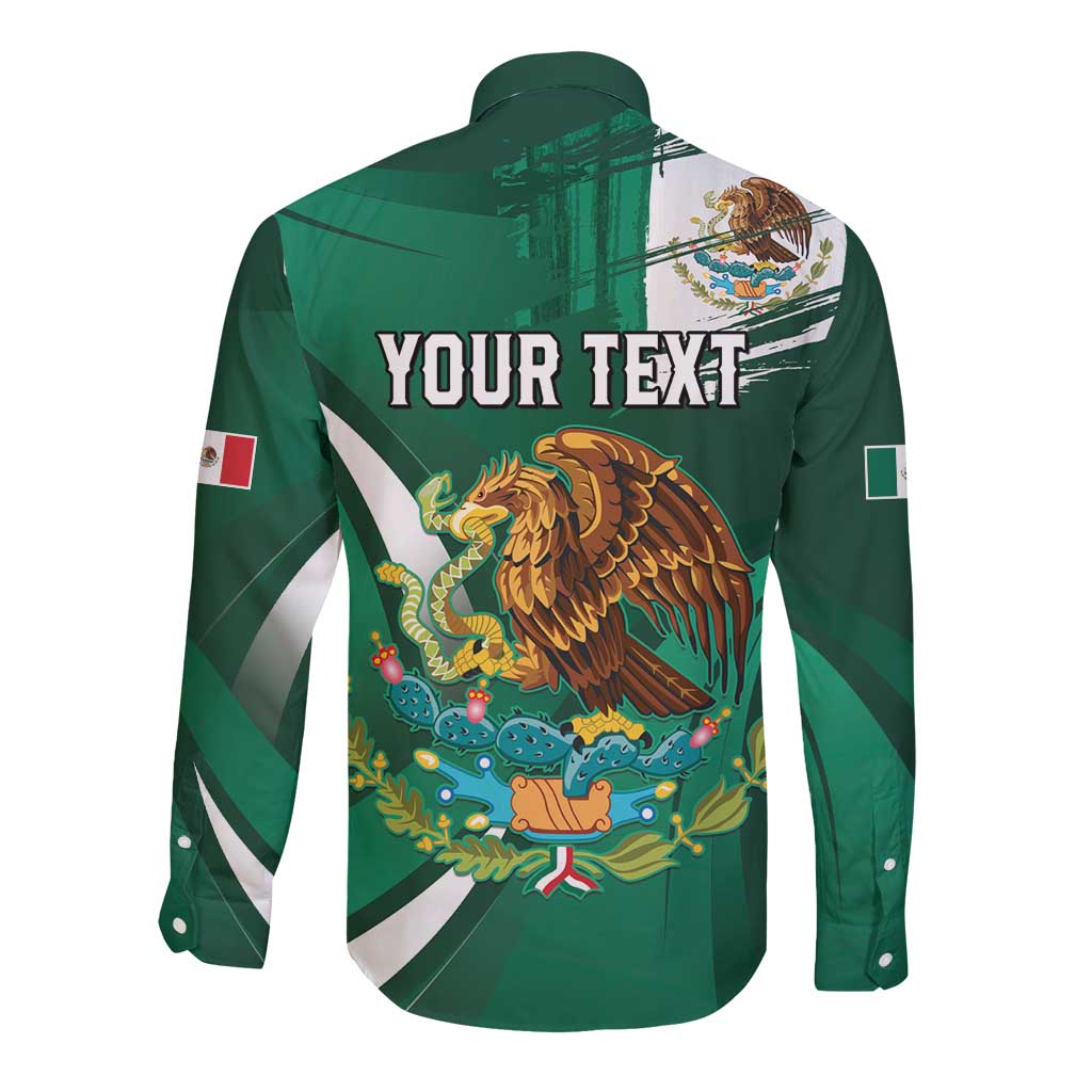 Green long-sleeve button shirt with back 'YOUR TEXT' over aguila Mexicana graphic