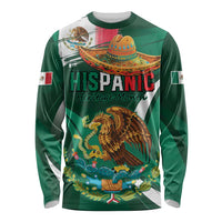 Green unisex long-sleeve shirt with colorful Hispanic heritage eagle graphic, front
