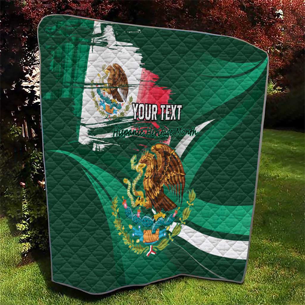 Green quilt with Mexican flag eagle graphic and 'YOUR TEXT' personalization, square view