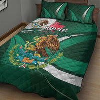 Green quilt bed set with eagle print, Mexico flag stripe panel, and two pillow shams