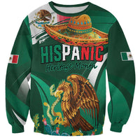 Green crewneck sweatshirt with front Hispanic Heritage Month graphic and eagle print