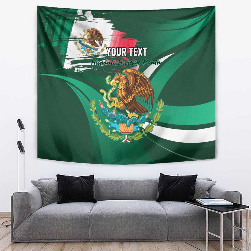 Green Mexican flag tapestry with eagle emblem and wreath, with 'YOUR TEXT' centered