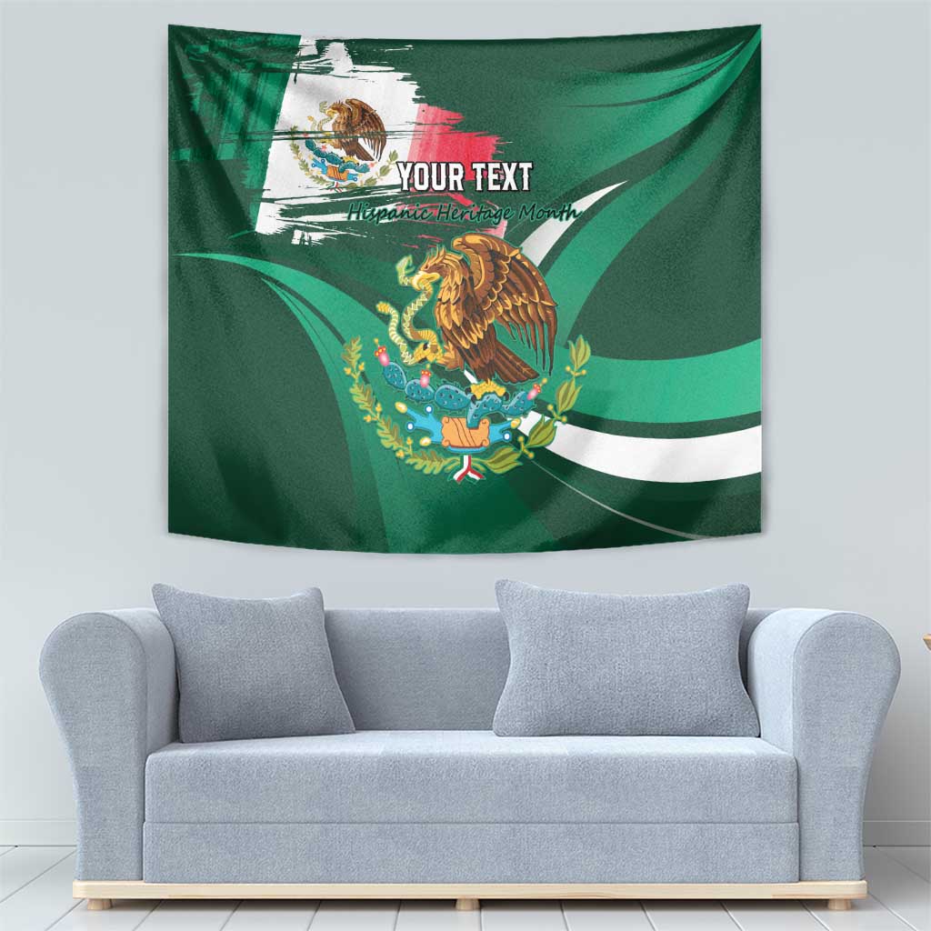 Green Mexican flag tapestry featuring eagle emblem and 'YOUR TEXT' centered