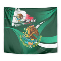 Green Mexican flag tapestry close-up with eagle emblem and 'YOUR TEXT' centered