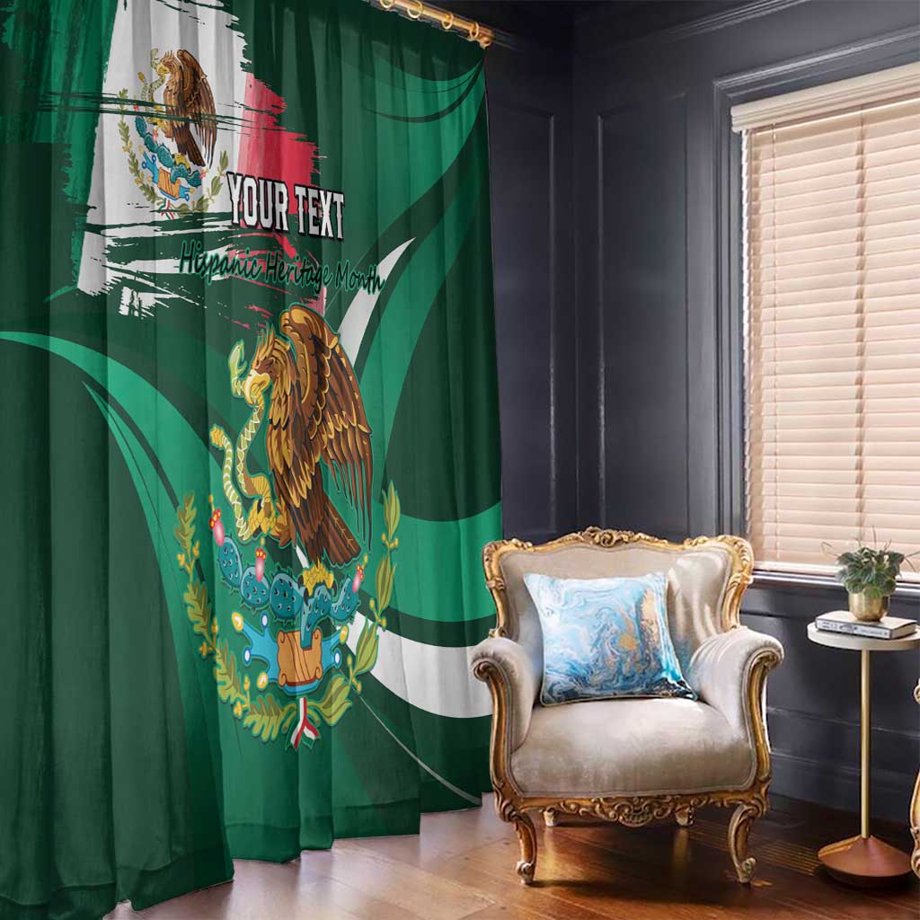 Green window curtain with Mexican eagle graphic and personalized text, draped indoors