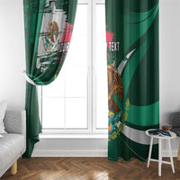 Green window curtain set with Mexican flag stripe pattern and eagle print