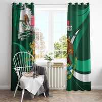 Green window curtains with Mexican eagle print and white diagonal stripe