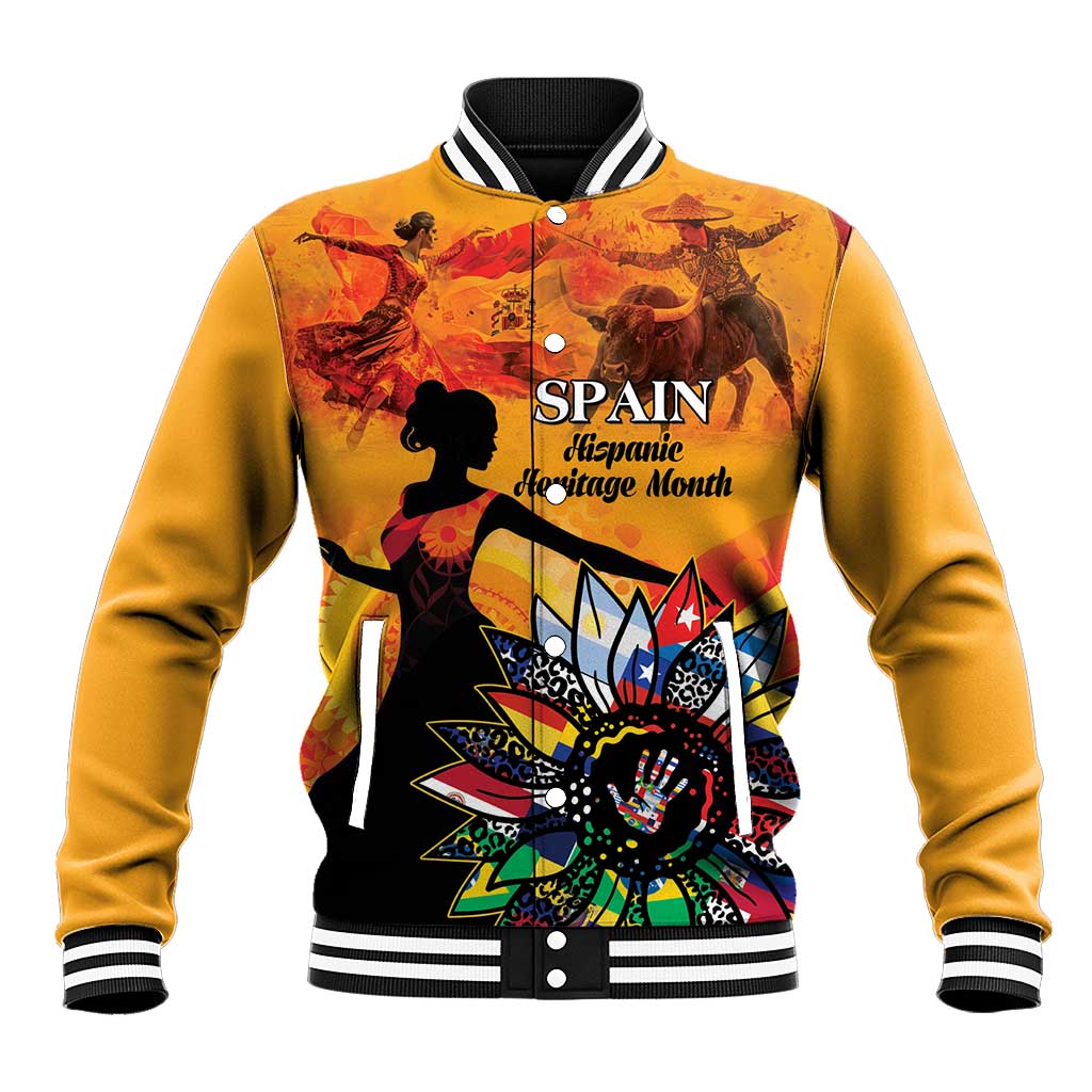 Gold baseball jacket with black-and-white ribbed collar, front button, Spain graphic