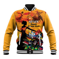 Gold baseball jacket with black-and-white ribbed collar, front button, Spain graphic