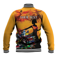 Gold baseball jacket with ribbed striped collar, back graphic and 'YOUR TEXT' lettering