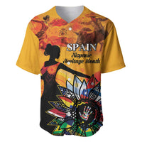 Gold baseball jersey with 'SPAIN' print, silhouette and colorful heritage graphic.