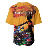 Gold baseball jersey back with 'YOUR TEXT', silhouette and bold colorful floral graphic.