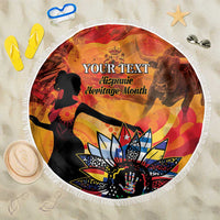 Round beach blanket with fringe edge, colorful Hispanic Heritage graphic and silhouette