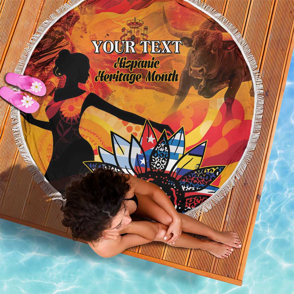 Round beach blanket with fringe, laid on poolside, Hispanic Heritage Month text and art