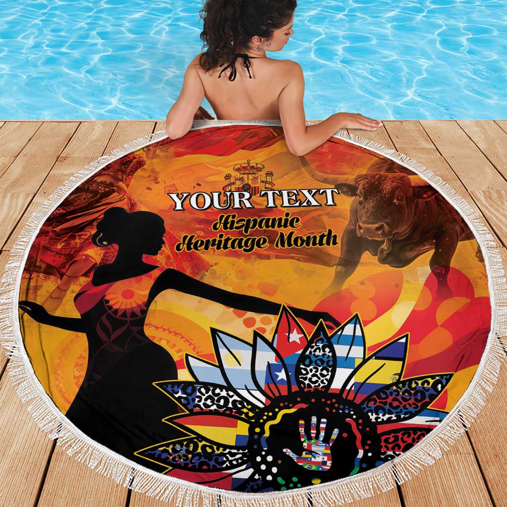 Round beach blanket with fringe, draped on person over pool deck, heritage graphic