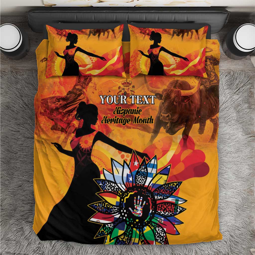 Personalized Hispanic heritage duvet cover with two matching pillowcases in gold and orange