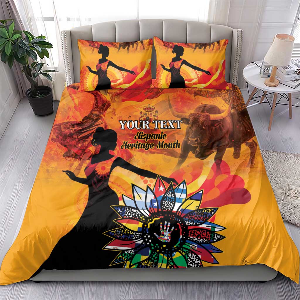 Gold and orange personalized bedding set featuring printed duvet and two pillowcases