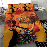 Personalized Hispanic heritage bedding set with gold, orange, and red patterned duvet and pillows