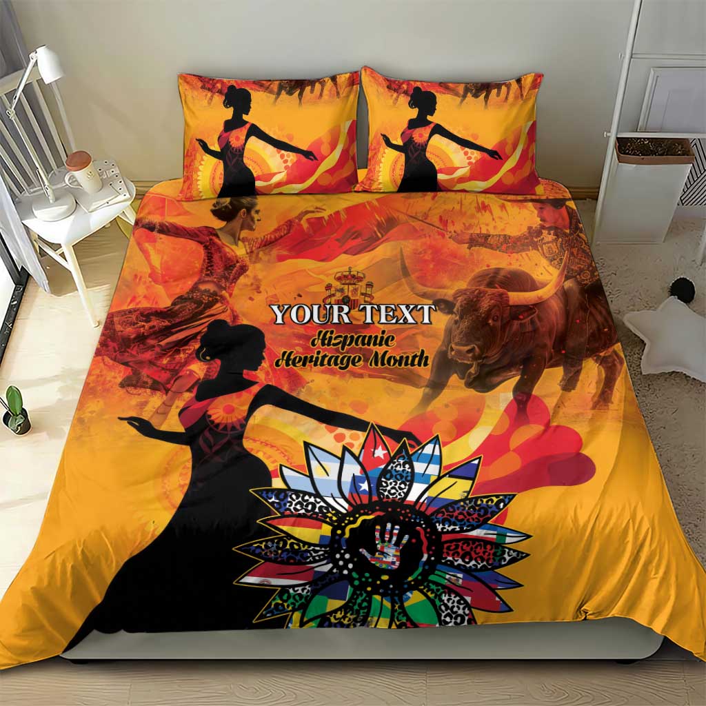 Gold and orange personalized bedding set with two matching pillowcases and printed duvet
