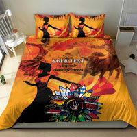 Gold and orange personalized bedding set with two matching pillowcases and printed duvet
