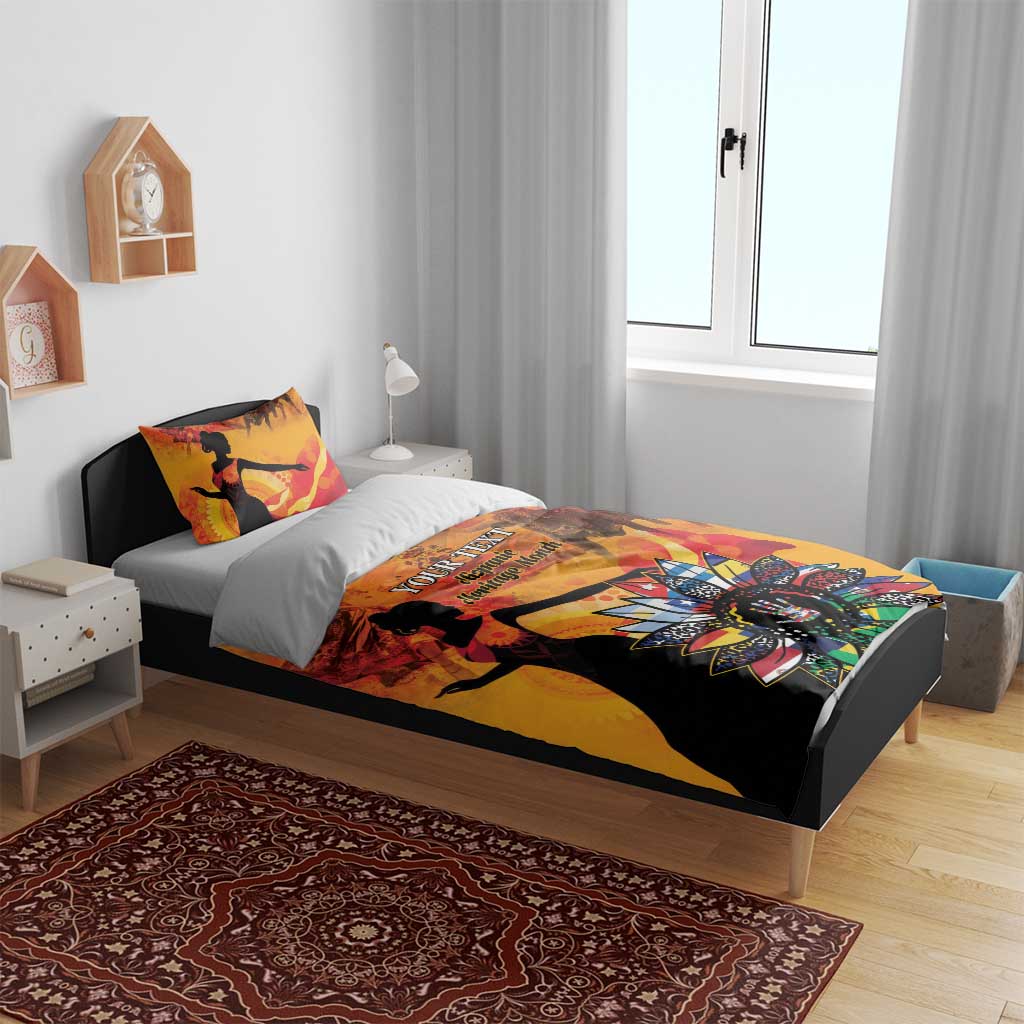 Personalized Hispanic heritage duvet cover with matching pillowcases in gold and orange