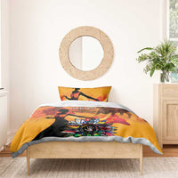 Gold and orange personalized bedding set with printed duvet cover and two pillowcases