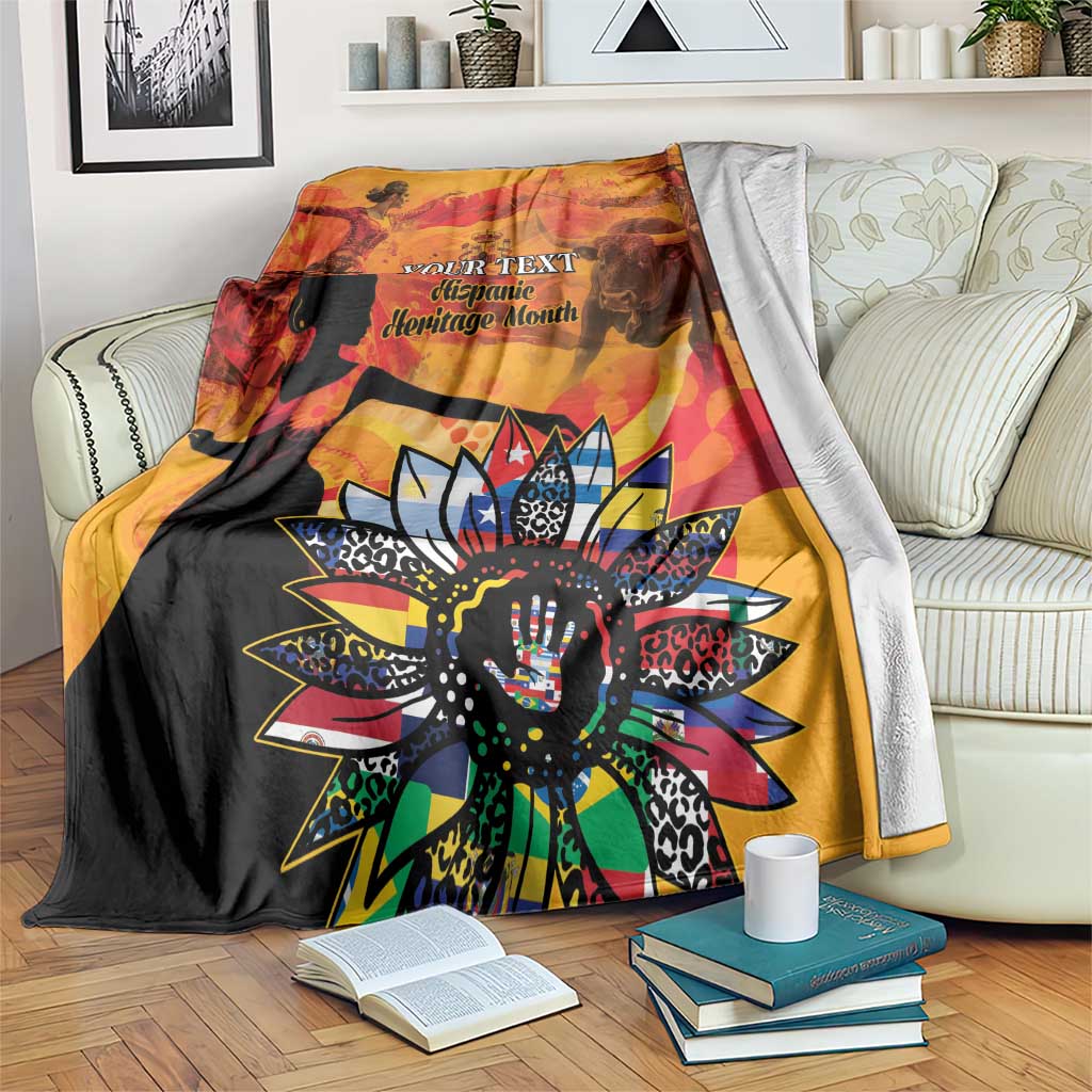 Personalized throw blanket with bold sunburst emblem, black-and-gold graphics, “Your Text”