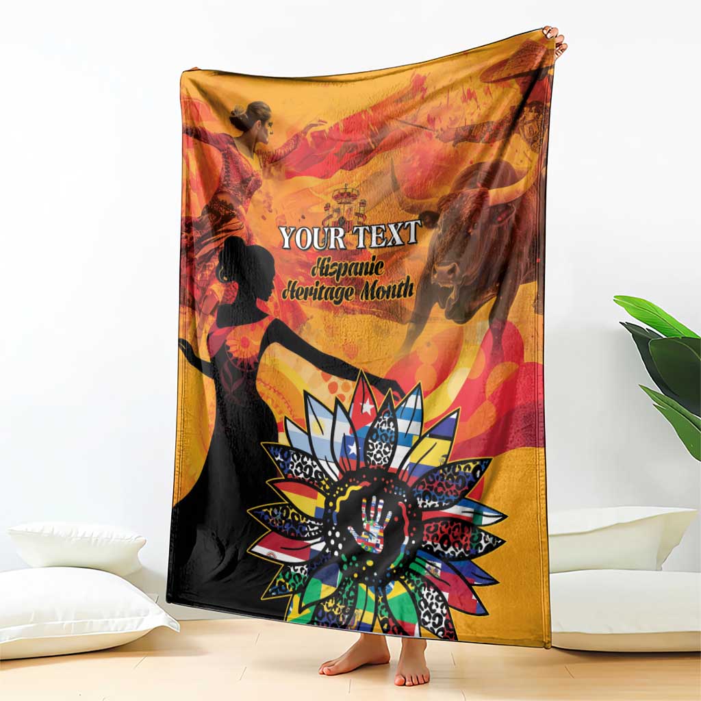 Personalized blanket draped panel in gold, orange, and black with “Your Text” emblem