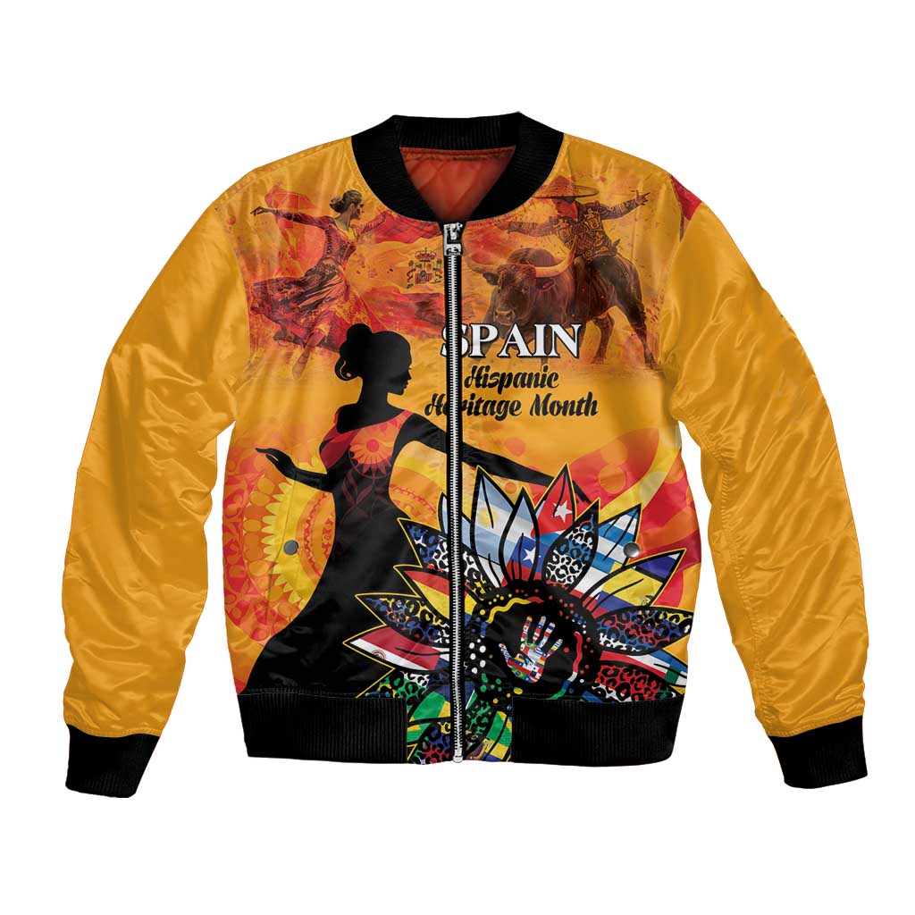 Gold bomber jacket with black collar, front zipper, Spain-themed dancer and sunburst print
