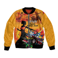 Gold bomber jacket with black collar, front zipper, Spain-themed dancer and sunburst print
