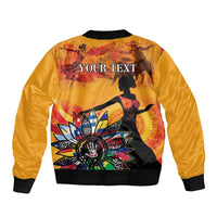 Gold bomber jacket with black ribbed hem; 'YOUR TEXT' back print and dancer silhouette