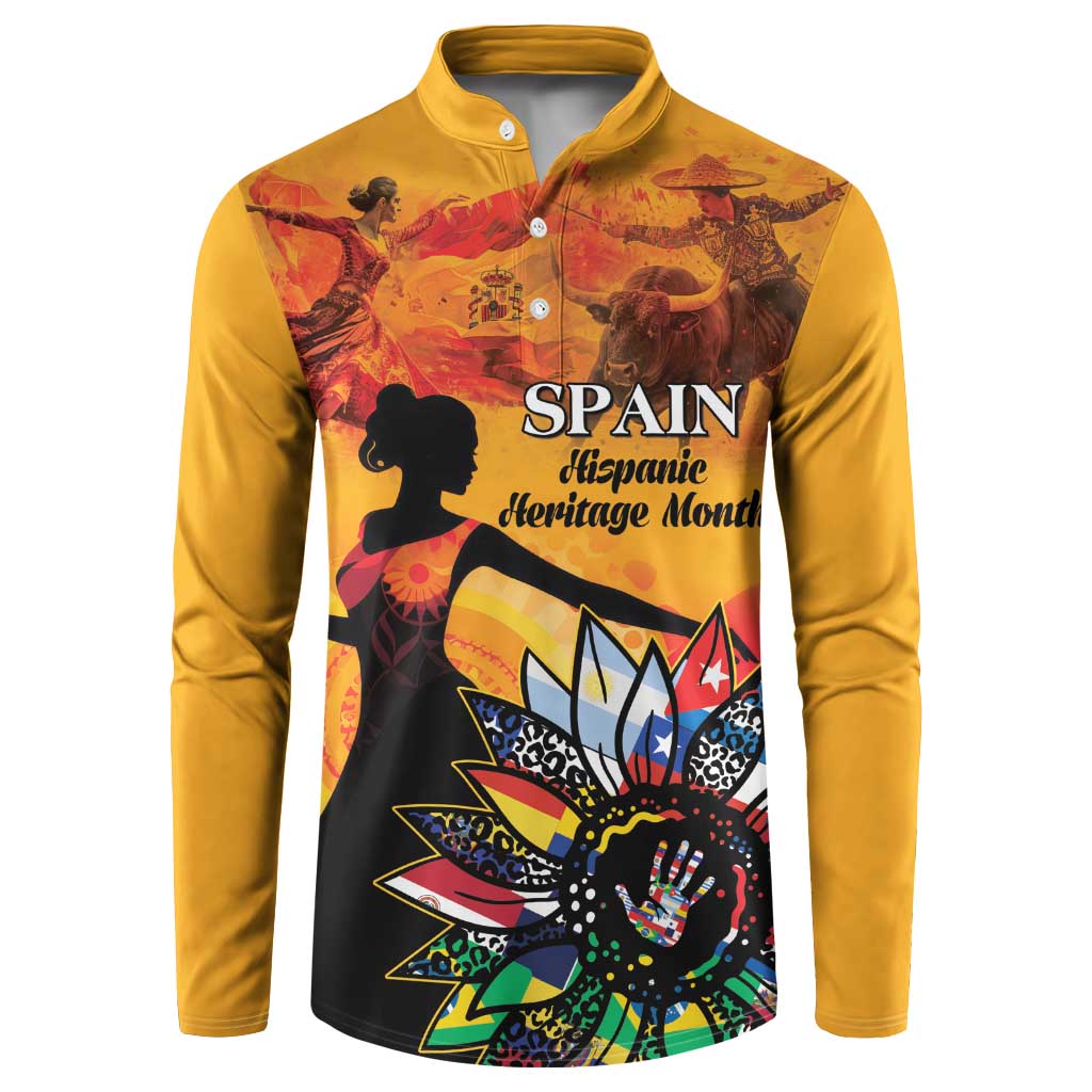 Gold button front sweatshirt with front Spain graphic and heritage month text