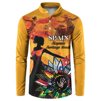 Gold button front sweatshirt with front Spain graphic and heritage month text