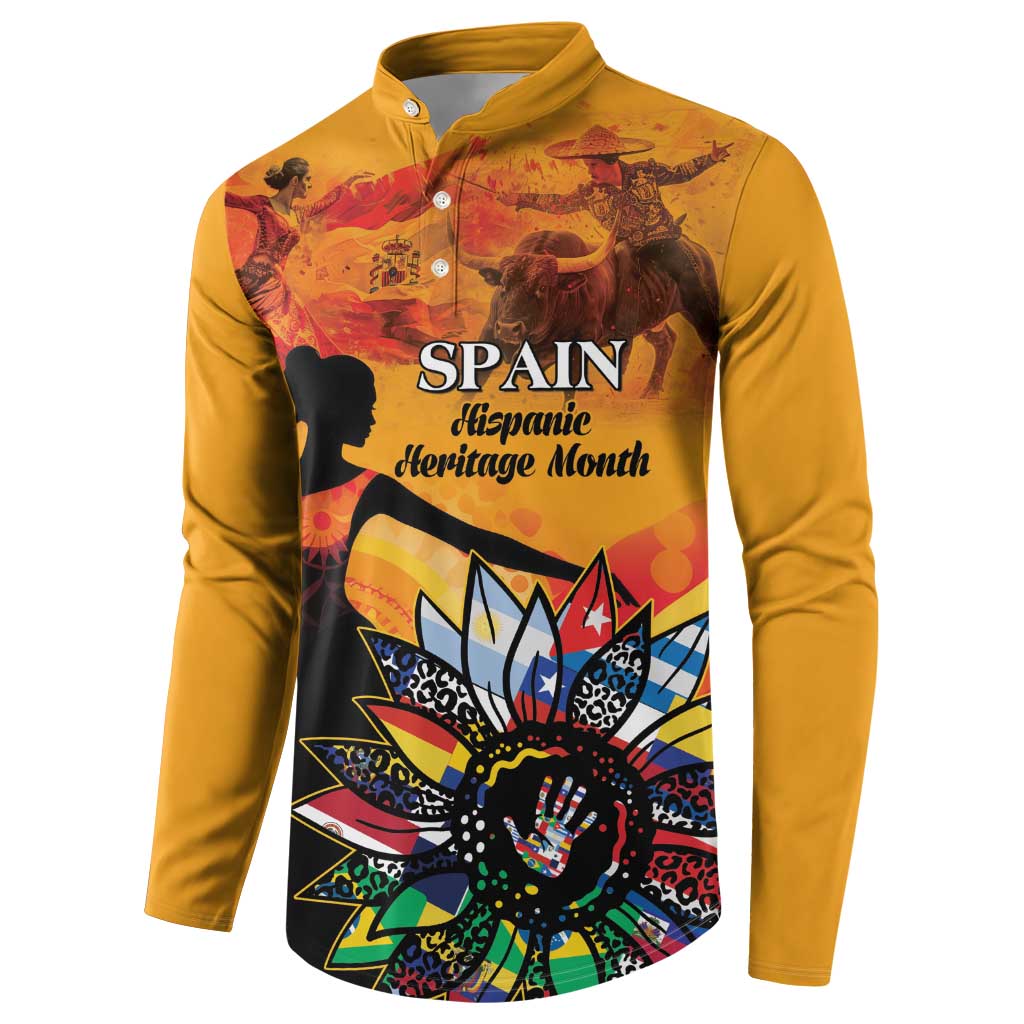 Gold button front sweatshirt with Spain Hispanic heritage front graphic and silhouette