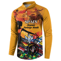 Gold button front sweatshirt with Spain Hispanic heritage front graphic and silhouette