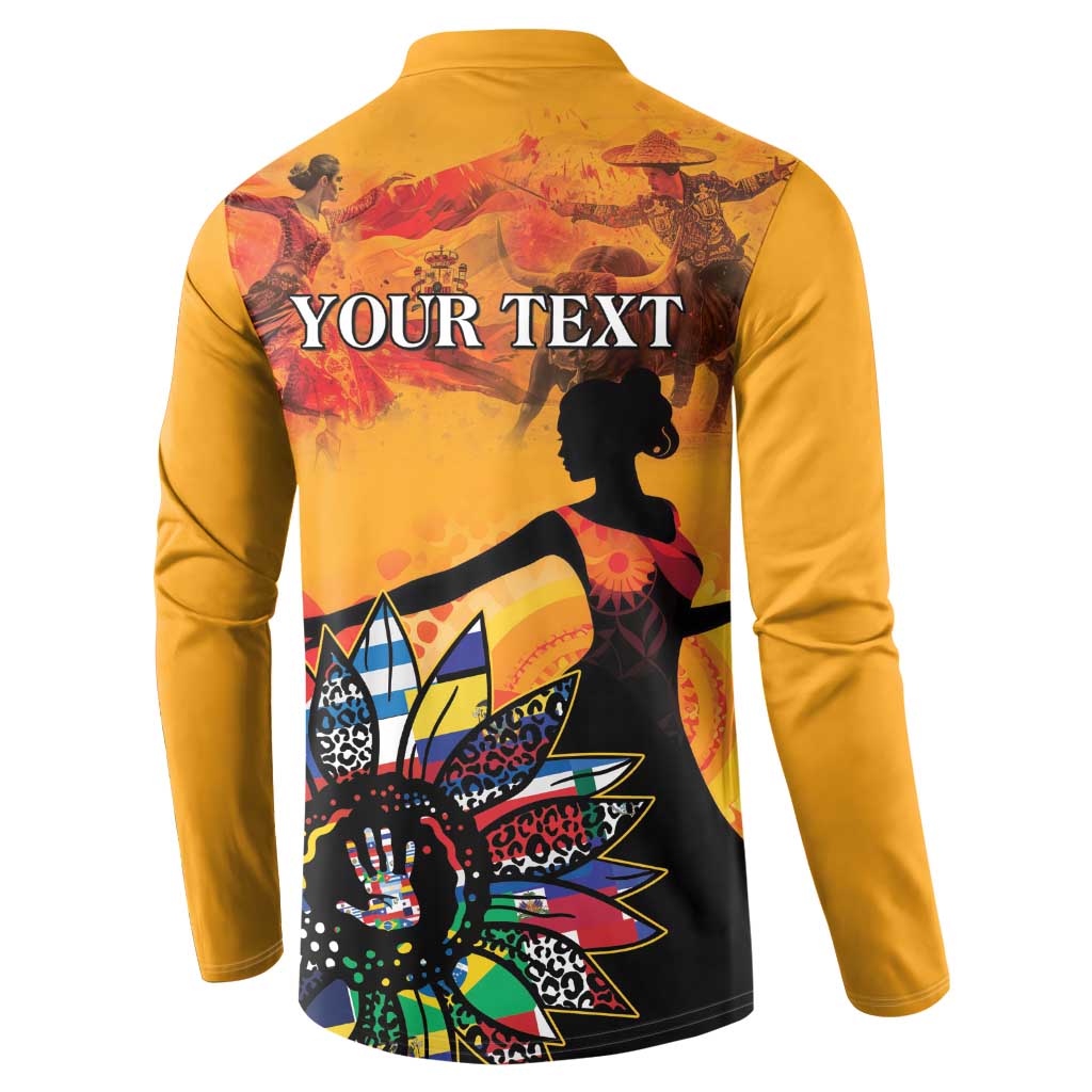 Gold button front sweatshirt, back shows YOUR TEXT and large illustrated starburst